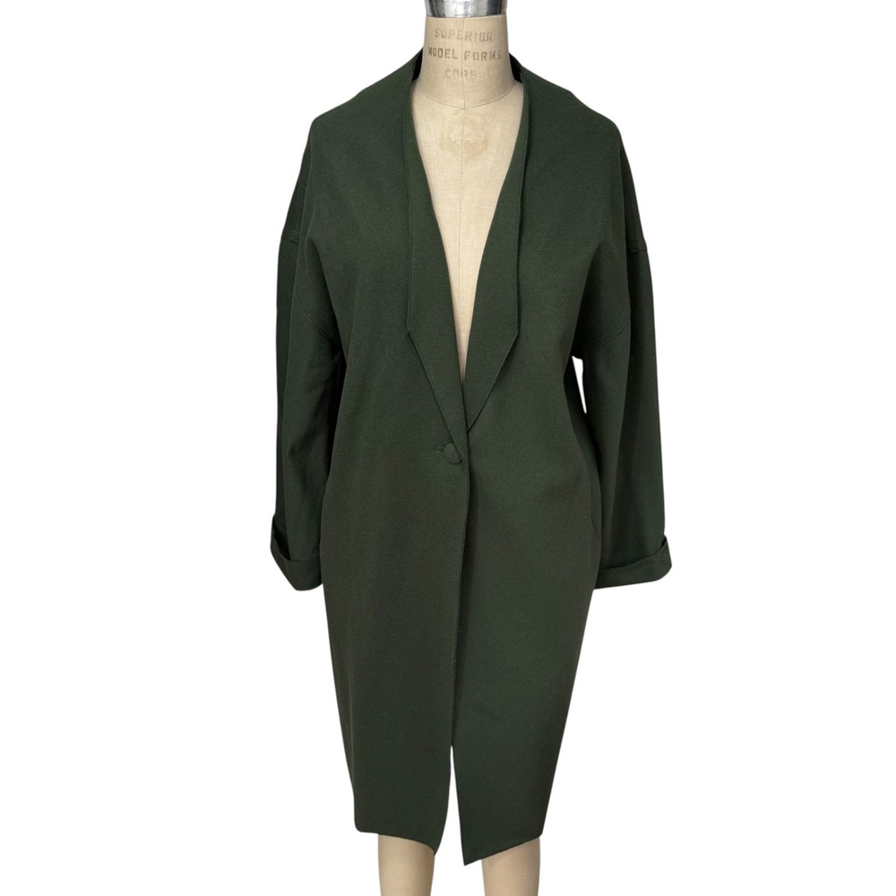 Jesse Kamm Wool Forest Green Single Button Trench Coat Womens  XS/S Minimalist